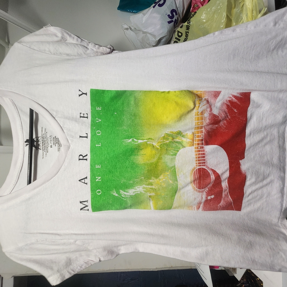 White Graphic Tee with Guitar and Marley Print
